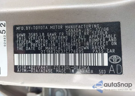 2007 Toyota Corolla Ce z USA, uszkodzony, nr VIN 2T1BR32E37C776695